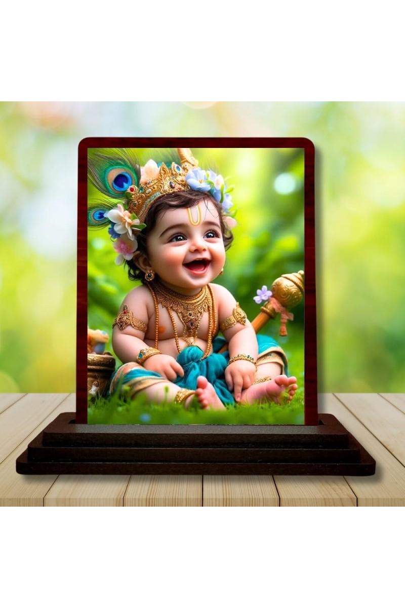 Car Desk/Table Top Little Cute Krishna Wooden Photo Stand 3x4 Inches, Compact & Stylish Spiritual Display For Car, Home & Office (Pack Of 1) (F14450)