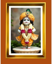 Cute Baby Krishna Golden Photo Frame - 10x14 Inches | Elegant Wooden Frame For Home, Office & Temple Decoration | Spiritual Wall & Table Decor and Gift Item