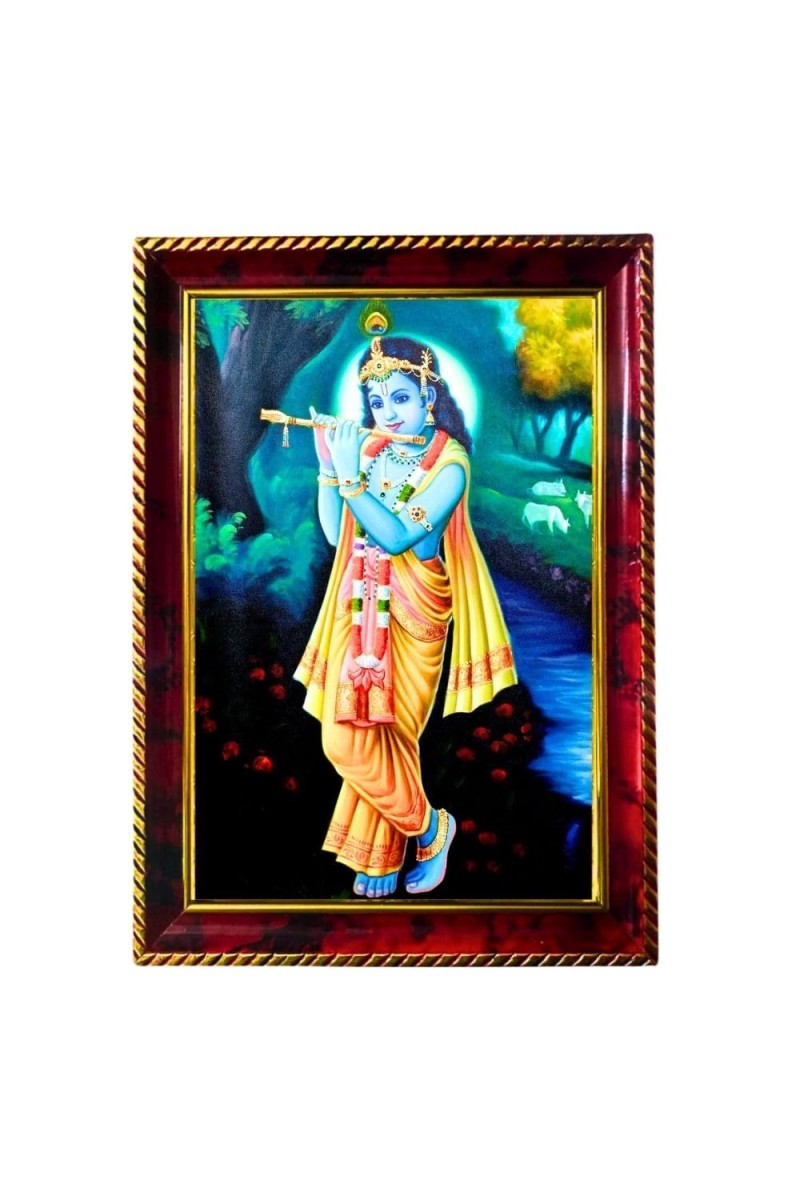 Lord Krishna Photo Frame For Wall & Table | 7x9 Inch Golden Cherry Finish | Decorative Lord Krishna Photo Frame For Home, Office & Pooja Room (F11691)