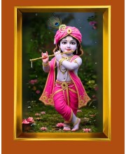 Little Krishna Golden Photo Frame - 10x14 Inches | Elegant Wooden Frame For Home, Office & Temple Decoration | Spiritual Wall & Table Decor and Gift Item