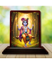 Car Desk/Table Top Lord Krishna Wooden Photo Stand 3x4 Inches, Compact & Stylish Spiritual Display For Car, Home & Office (Pack Of 1) (F14298)