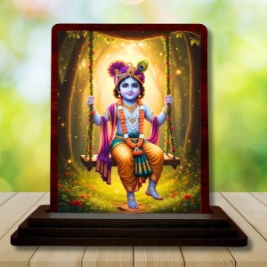Car Desk/Table Top Lord Krishna Wooden Photo Stand 3x4 Inches, Compact & Stylish Spiritual Display For Car, Home & Office (Pack Of 1) (F14298)