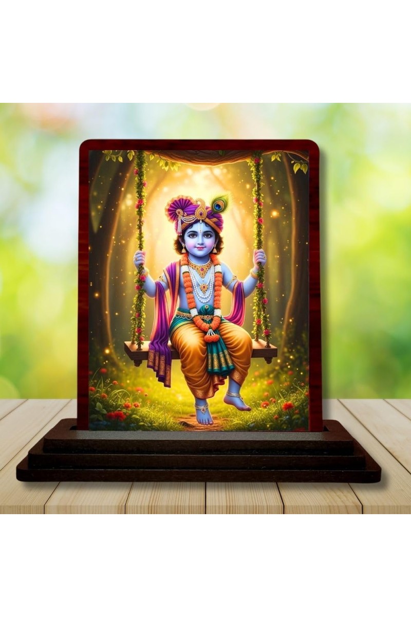 Car Desk/Table Top Lord Krishna Wooden Photo Stand 3x4 Inches, Compact & Stylish Spiritual Display For Car, Home & Office (Pack Of 1) (F14298)