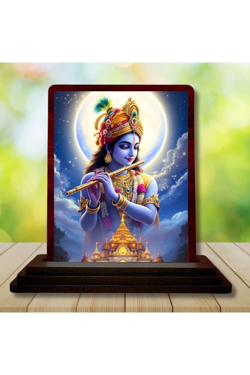 Car Desk/Table Top Lord Krishna Wooden Photo Stand 3x4 Inches, Compact & Stylish Spiritual Display For Car, Home & Office (Pack Of 1) (F14349)
