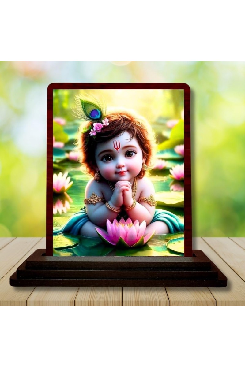 Car Desk/Table Top Lord Krishna Wooden Photo Stand 3x4 Inches, Compact & Stylish Spiritual Display For Car, Home & Office (Pack Of 1) (F14485)