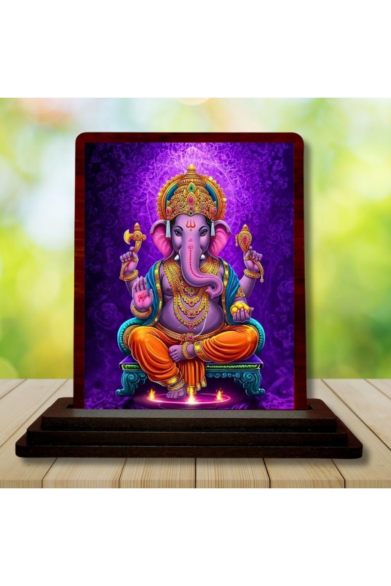 Car Desk/Table Top Lord Ganesha Wooden Photo Stand 3x4 Inches, Compact & Stylish Spiritual Display For Car, Home & Office (Pack Of 1) (F14172)