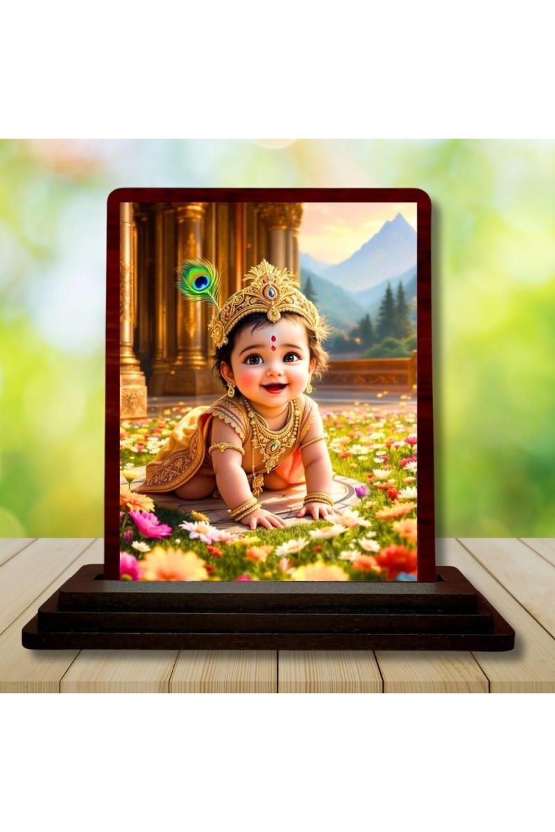 Car Desk/Table Top Little Krishna Wooden Photo Stand 3x4 Inches, Compact & Stylish Spiritual Display For Car, Home & Office (Pack Of 1) (F14465)