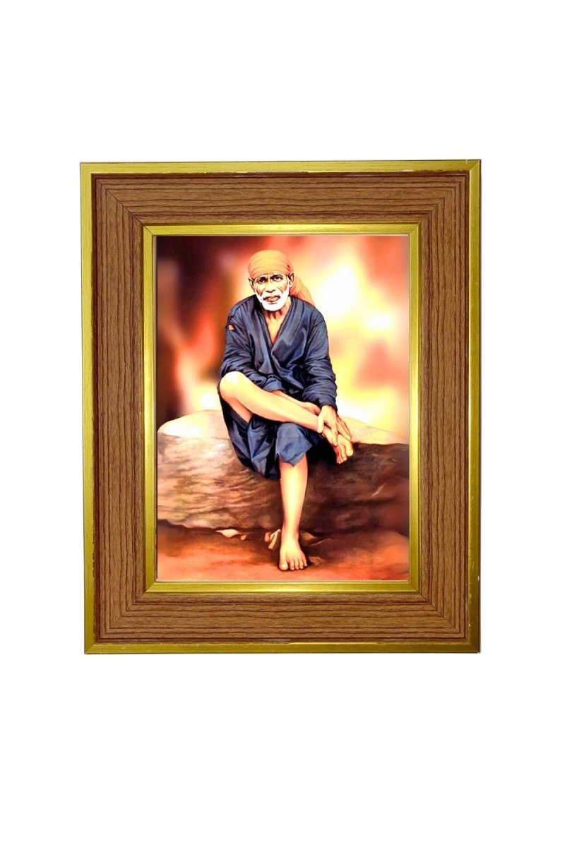 Sai Baba Photo Frame 16x20 Inches-Brown Wooden Frame For Home, Office & Temple Decoration And Gifting (F6428)