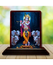 Car Desk/Table Top Lord Krishna Wooden Photo Stand 3x4 Inches, Compact & Stylish Spiritual Display For Car, Home & Office (Pack Of 1) (F14602)