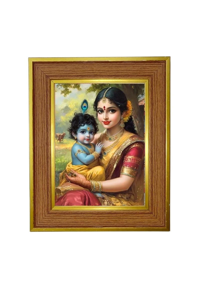 Yashoda And Bal Krishna Photo Frame 18x22 Inches-Brown Wooden Frame For Home, Office & Temple Decoration And Gifting (F6363)