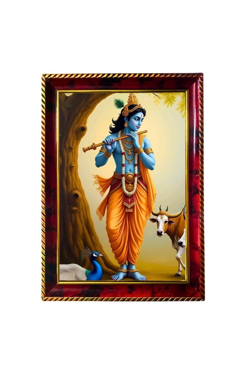 Lord Sri Krishna Photo Frame For Wall & Table | 7x9 Inch Golden Cherry Finish | Decorative Lord Sri Krishna Photo Frame For Home, Office & Pooja Room (F11430)