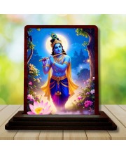 Car Desk/Table Top Lord Krishna Wooden Photo Stand 3x4 Inches, Compact & Stylish Spiritual Display For Car, Home & Office (Pack Of 1) (F15189)