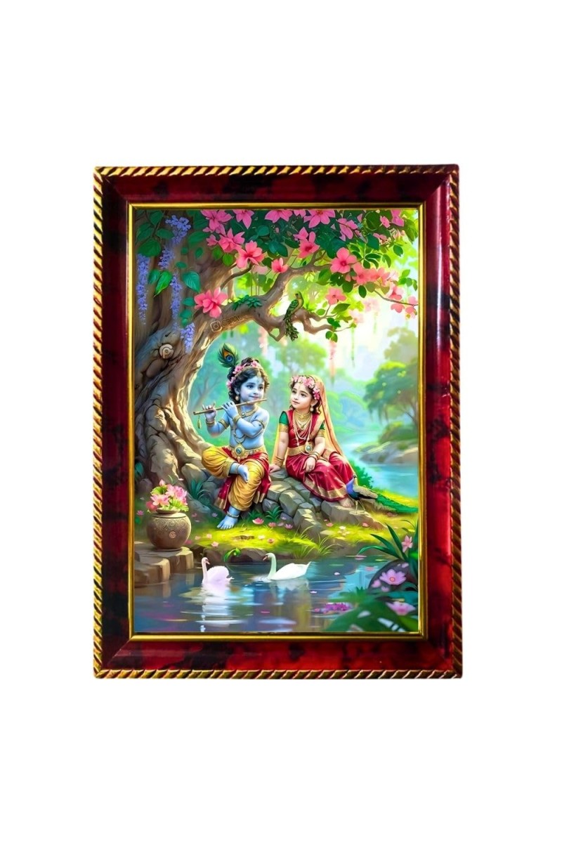 Lord Krishna And Radha Photo Frame For Wall & Table | 7x9 Inch Golden Cherry Finish | Decorative Lord Krishna And Radha Photo Frame For Home, Office & Pooja Room (F11361)