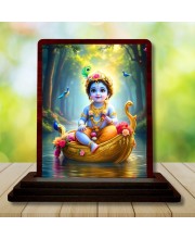 Car Desk/Table Top Lord Krishna Wooden Photo Stand 3x4 Inches, Compact & Stylish Spiritual Display For Car, Home & Office (Pack Of 1) (F14511)
