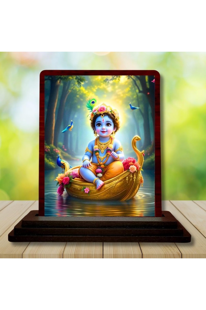 Car Desk/Table Top Lord Krishna Wooden Photo Stand 3x4 Inches, Compact & Stylish Spiritual Display For Car, Home & Office (Pack Of 1) (F14511)