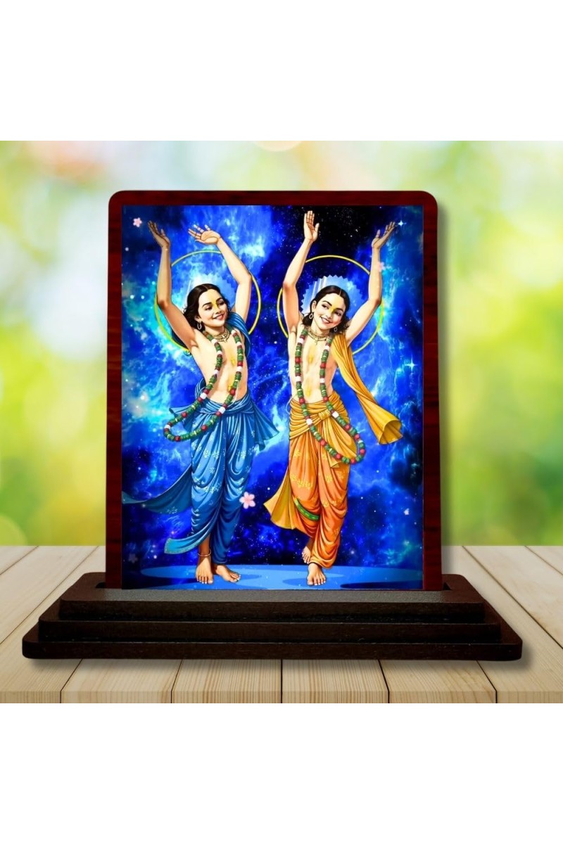 Car Desk/Table Top Gaura Nitai Wooden Photo Stand 3x4 Inches, Compact & Stylish Spiritual Display For Car, Home & Office (Pack Of 1) (F14510)