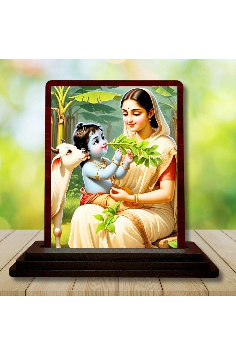 Car Desk/Table Top Yashodha Krishna Wooden Photo Stand 3x4 Inches, Compact & Stylish Spiritual Display For Car, Home & Office (Pack Of 1) (F14590)