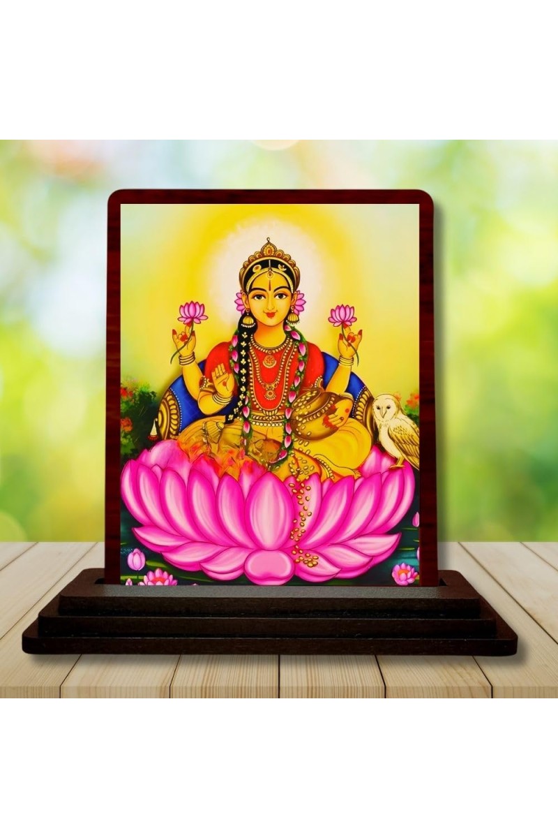 Car Desk/Table Top Goddess Lakshmi Wooden Photo Stand 3x4 Inches, Compact & Stylish Spiritual Display For Car, Home & Office (Pack Of 1) (F14276)