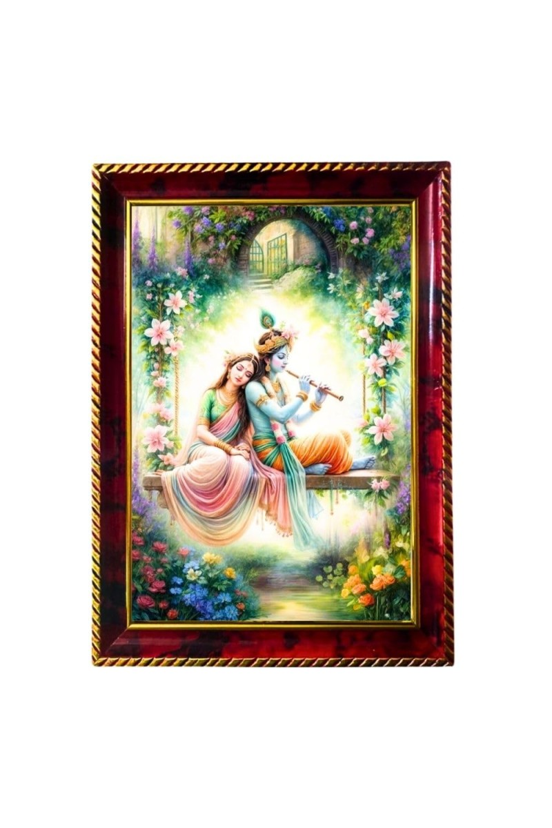 Radha Krishna Photo Frame For Wall & Table | 7x9 Inch Golden Cherry Finish | Decorative Radha Krishna Photo Frame For Home, Office & Pooja Room (F11452)