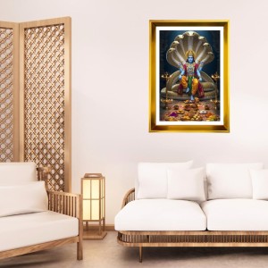 Lord Vishnu Golden Photo Frame - 12x16 Inches | Elegant Wooden Frame For Home, Office & Temple Decoration | Spiritual Wall & Table Decor And Gift Item (F9442)