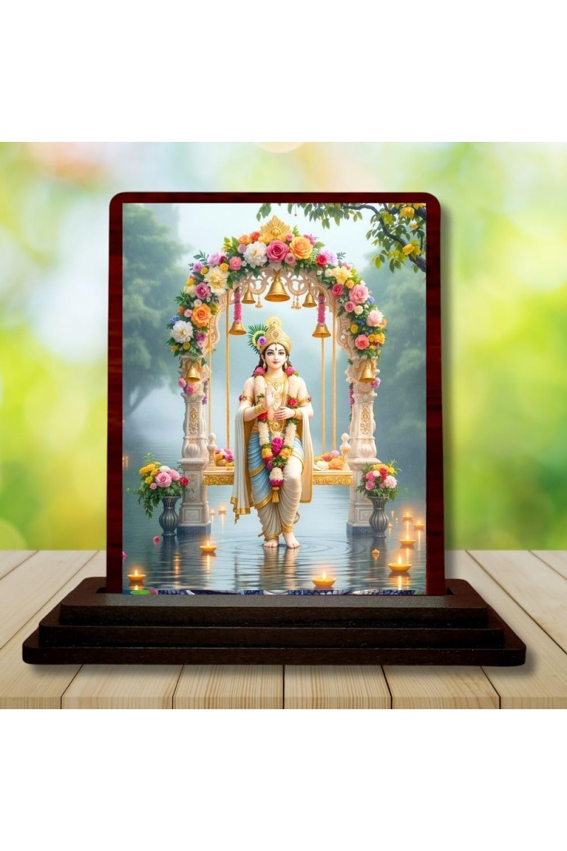Car Desk/Table Top Lord Krishna Wooden Photo Stand 3x4 Inches, Compact & Stylish Spiritual Display For Car, Home & Office (Pack Of 1) (F14370)
