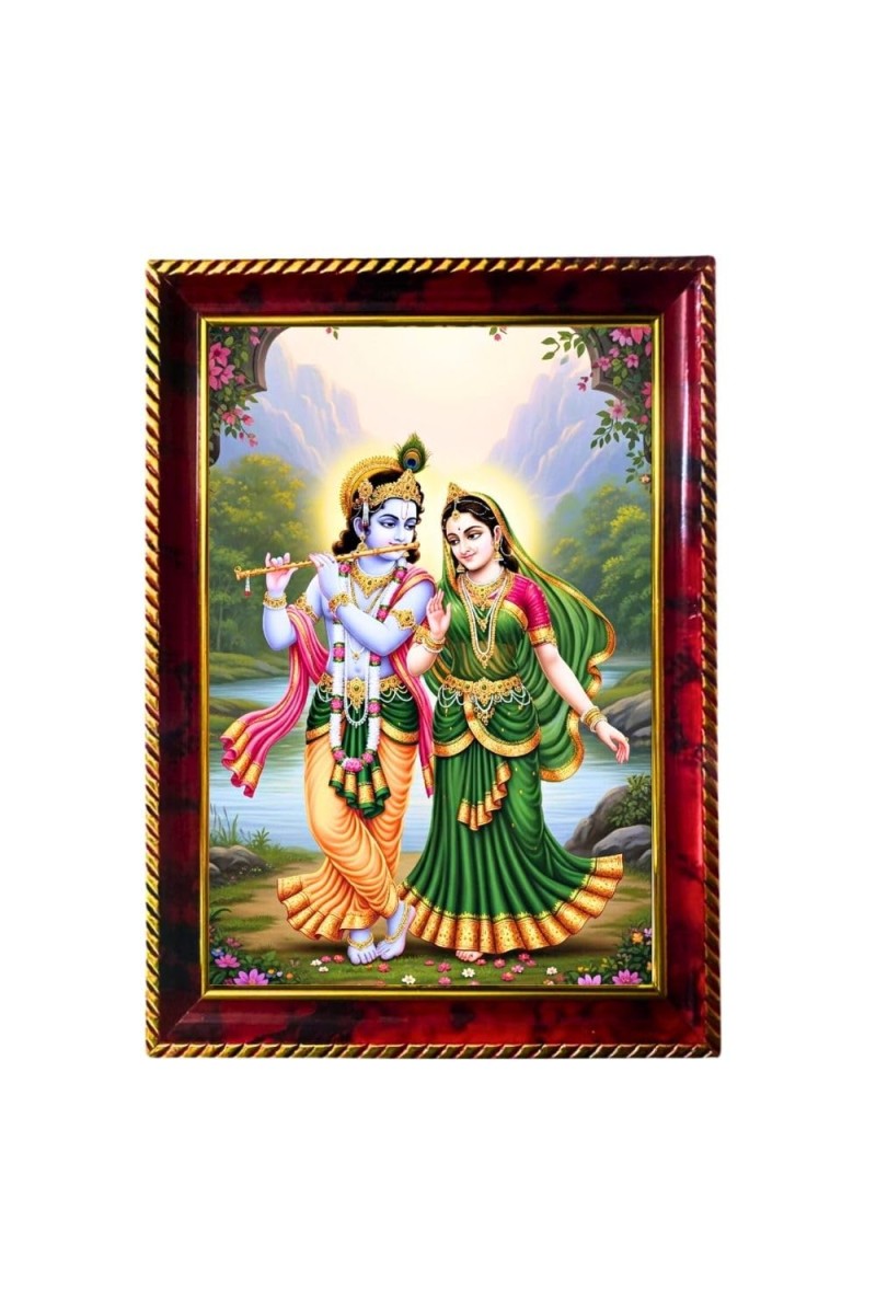 Lord Krishna And Radha Photo Frame For Wall & Table | 7x9 Inch Golden Cherry Finish | Decorative Lord Krishna And Radha Photo Frame For Home, Office & Pooja Room (F11791)