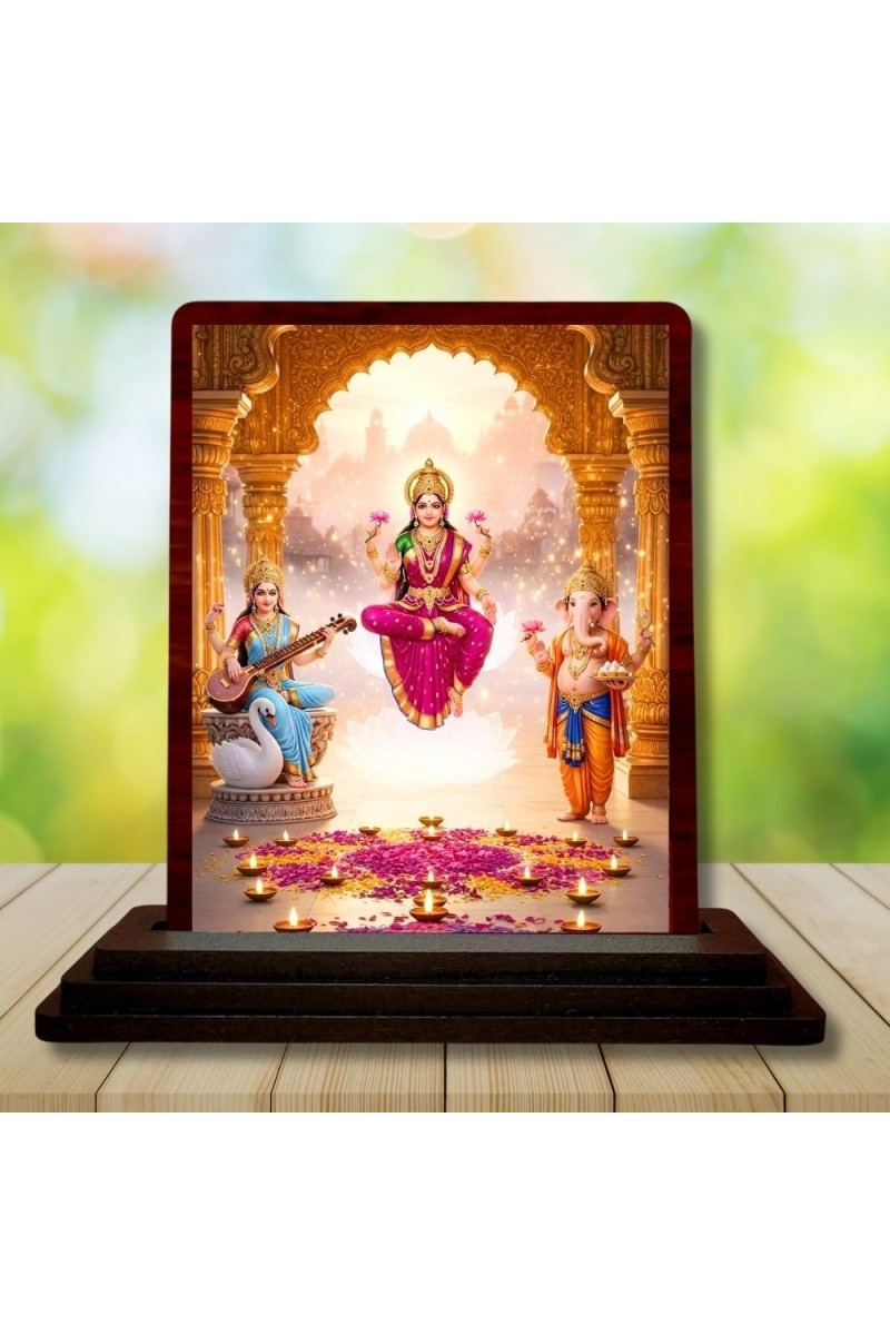 Car Desk/Table Top Lord Ganesha Lakshmi And Saraswathi Wooden Photo Stand 3x4 Inches, Compact & Stylish Spiritual Display For Car, Home & Office (Pack Of 1) (F14393)