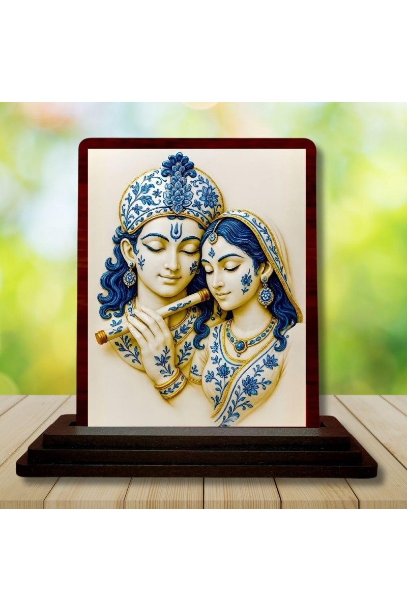 Car Desk/Table Top Radha Krishna Wooden Photo Stand 3x4 Inches, Compact & Stylish Spiritual Display For Car, Home & Office (Pack Of 1) (F14282)
