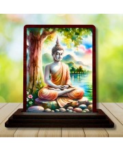 Car Desk/Table Top Lord Buddha Wooden Photo Stand 3x4 Inches, Compact & Stylish Spiritual Display For Car, Home & Office (Pack Of 1) (F14486)