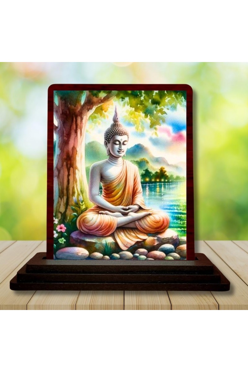 Car Desk/Table Top Lord Buddha Wooden Photo Stand 3x4 Inches, Compact & Stylish Spiritual Display For Car, Home & Office (Pack Of 1) (F14486)