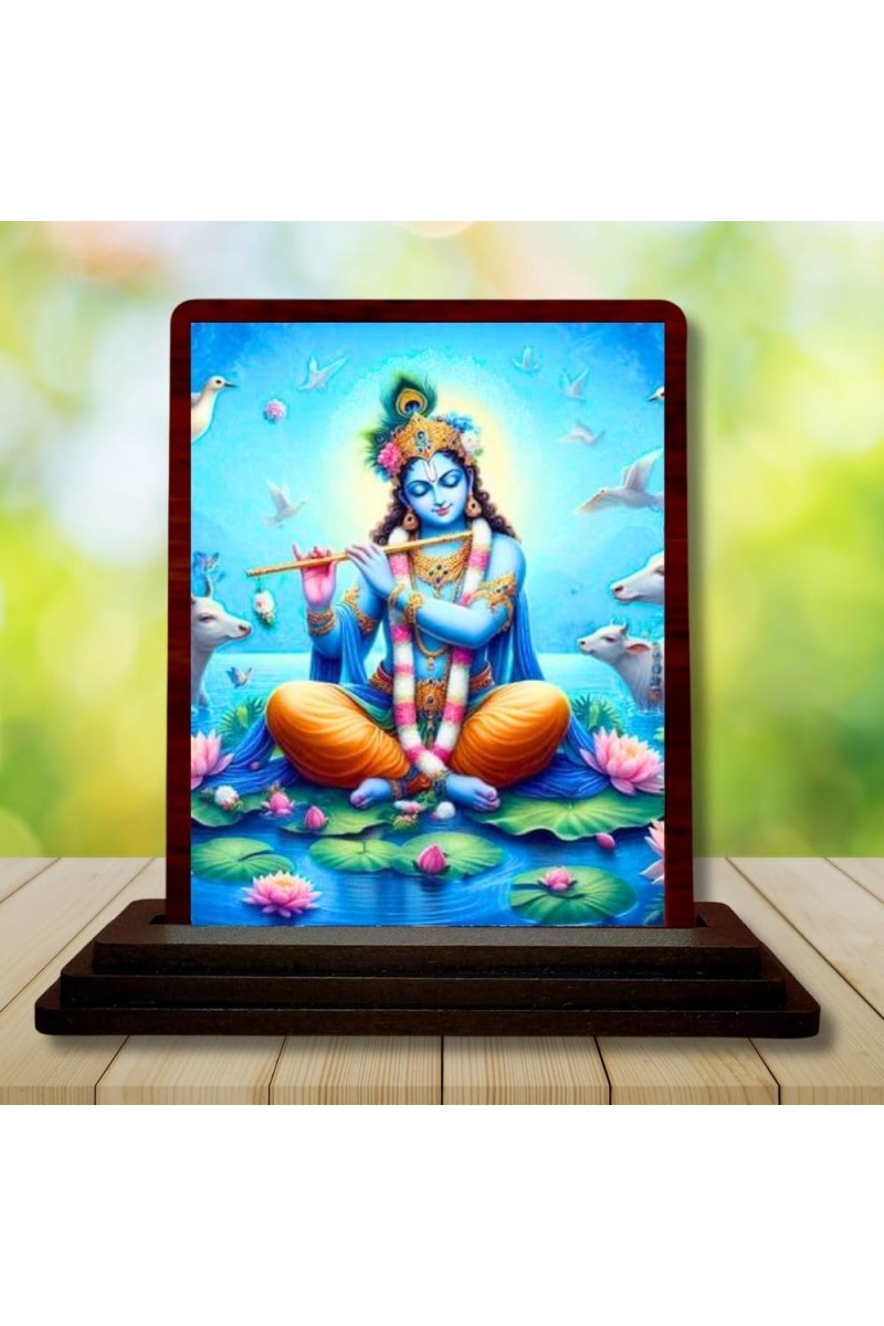 Car Desk/Table Top Lord Krishna Wooden Photo Stand 3x4 Inches, Compact & Stylish Spiritual Display For Car, Home & Office (Pack Of 1) (F14483)