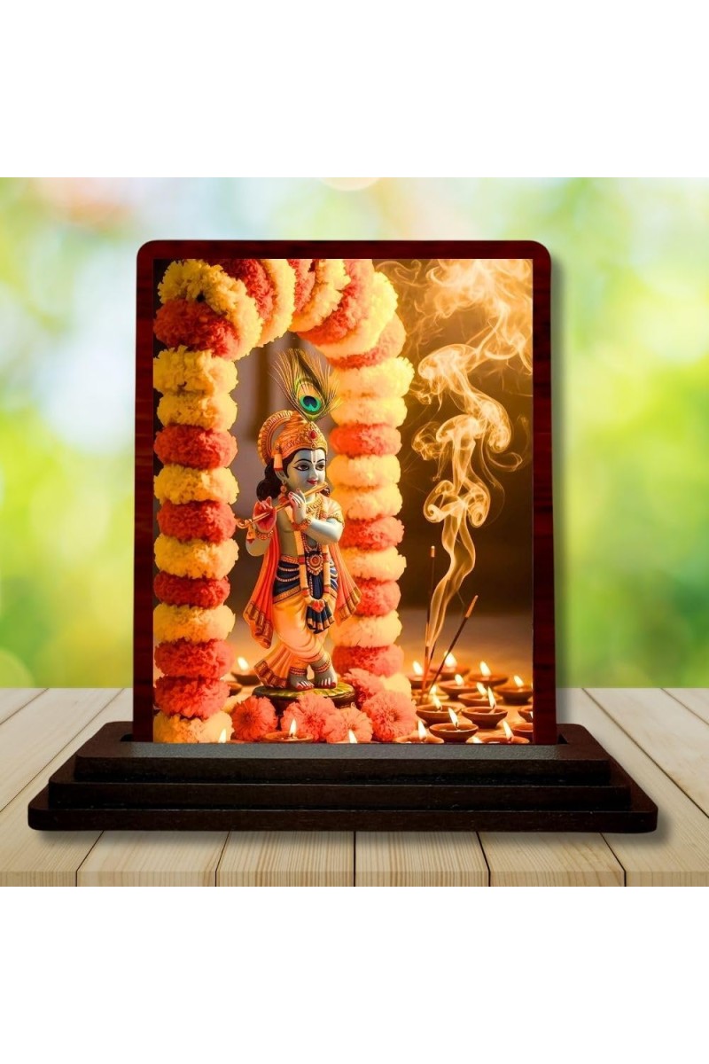 Car Desk/Table Top Lord Krishna Wooden Photo Stand 3x4 Inches, Compact & Stylish Spiritual Display For Car, Home & Office (Pack Of 1) (F14399)