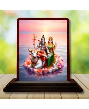 Car Desk/Table Top Lord Shiva And Parvathi Wooden Photo Stand 3x4 Inches, Compact & Stylish Spiritual Display For Car, Home & Office (Pack Of 1) (F14329)