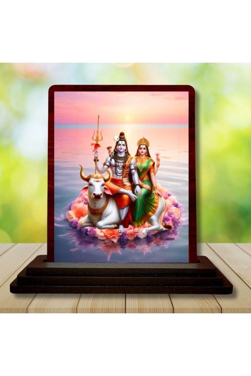 Car Desk/Table Top Lord Shiva And Parvathi Wooden Photo Stand 3x4 Inches, Compact & Stylish Spiritual Display For Car, Home & Office (Pack Of 1) (F14329)