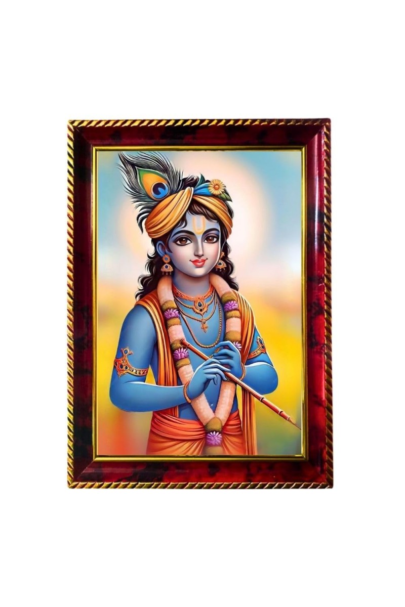 Lord Krishna Photo Frame For Wall & Table | 7x9 Inch Golden Cherry Finish | Decorative Lord Krishna Photo Frame For Home, Office & Pooja Room (F11513)