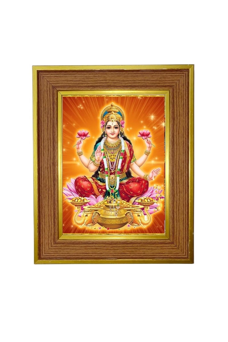 Goddess Lakshmi Photo Frame 10x14 Inches-Brown Wooden Frame For Home, Office & Temple Decoration And Gifting (F6367)