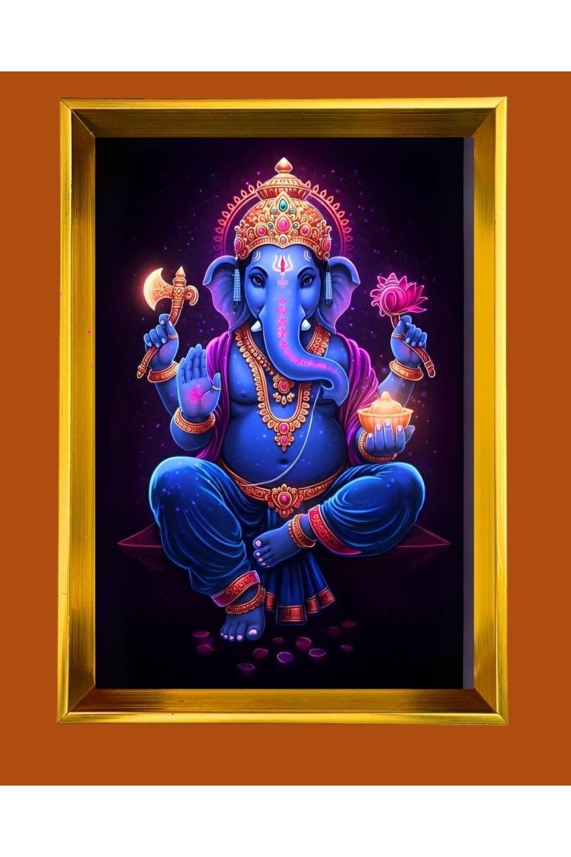 Lord Ganesha Golden Photo Frame - 10x14 Inches | Elegant Wooden Frame For Home, Office & Temple Decoration | Spiritual Wall & Table Decor and Gift Item