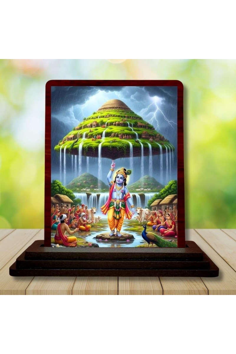 Car Desk/Table Top Lord Krishna Wooden Photo Stand 3x4 Inches, Compact & Stylish Spiritual Display For Car, Home & Office (Pack Of 1) (F14401)