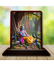 Car Desk/Table Top Lord Krishna Wooden Photo Stand 3x4 Inches, Compact & Stylish Spiritual Display For Car, Home & Office (Pack Of 1) (F14402)