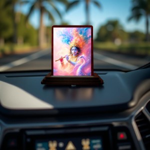 Car Desk/Table Top Lord Krishna Wooden Photo Stand 3x4 Inches, Compact & Stylish Spiritual Display For Car, Home & Office (Pack Of 1) (F14625)