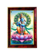 Lord Krishna On Lotus Photo Frame For Wall & Table | 7x9 Inch Golden Cherry Finish | Decorative Lord Krishna On Lotus Photo Frame For Home, Office & Pooja Room (F11423)