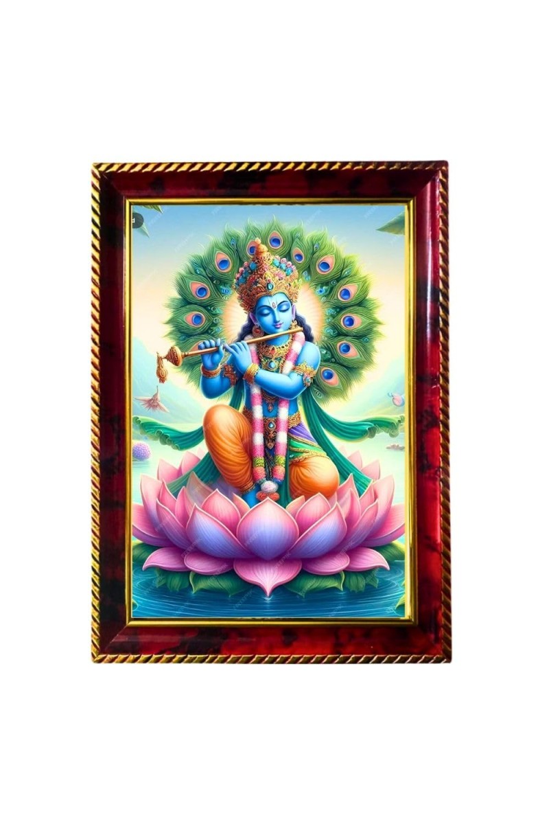 Lord Krishna On Lotus Photo Frame For Wall & Table | 7x9 Inch Golden Cherry Finish | Decorative Lord Krishna On Lotus Photo Frame For Home, Office & Pooja Room (F11423)