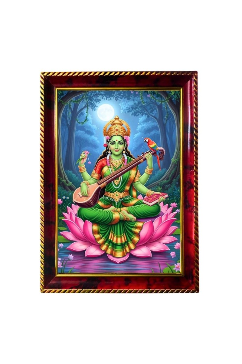 Goddess Saraswati Photo Frame For Wall & Table | 7x9 Inch Golden Cherry Finish | Decorative Goddess Saraswati Photo Frame For Home, Office & Pooja Room (F11705)