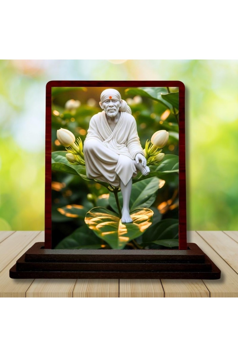 Car Desk/Table Top Lord Saibaba Wooden Photo Stand 3x4 Inches, Compact & Stylish Spiritual Display For Car, Home & Office (Pack Of 1) (F14323)