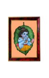 Little Cute Krishna On Leaf Photo Frame For Wall & Table | 7x9 Inch Golden Cherry Finish | Decorative Little Cute Krishna On Leaf Photo Frame For Home, Office & Pooja Room (F11357)
