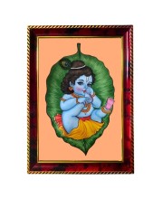Little Cute Krishna On Leaf Photo Frame For Wall & Table | 7x9 Inch Golden Cherry Finish | Decorative Little Cute Krishna On Leaf Photo Frame For Home, Office & Pooja Room (F11357)