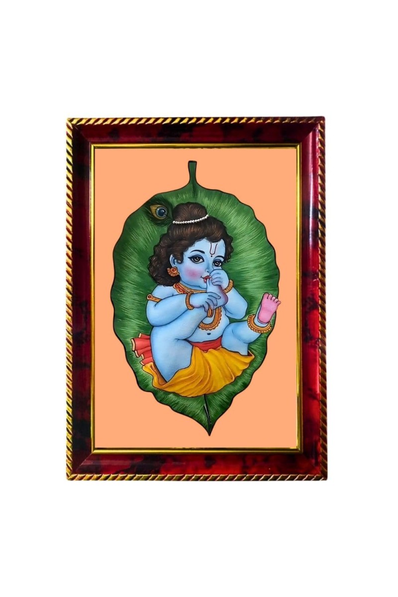 Little Cute Krishna On Leaf Photo Frame For Wall & Table | 7x9 Inch Golden Cherry Finish | Decorative Little Cute Krishna On Leaf Photo Frame For Home, Office & Pooja Room (F11357)