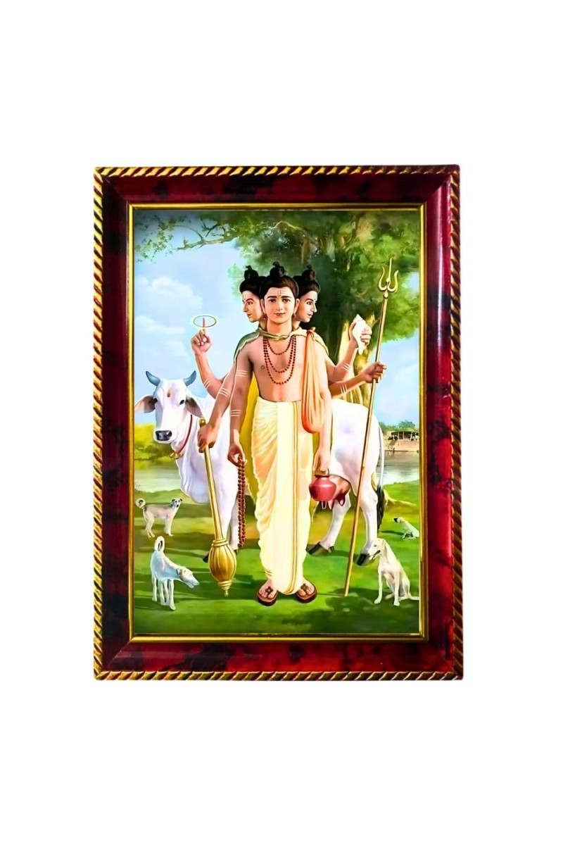 Sri Dattatreya Photo Frame For Wall & Table | 7x9 Inch Golden Cherry Finish | Decorative Sri Dattatreya Photo Frame For Home, Office & Pooja Room (F11455)