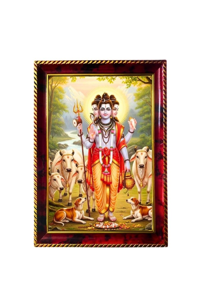 Lord Dattatreya Photo Frame For Wall & Table | 7x9 Inch Golden Cherry Finish | Decorative Lord Dattatreya Photo Frame For Home, Office & Pooja Room (F11683)