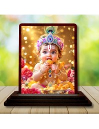 Car Desk/Table Top Bal Krishna Wooden Photo Stand 3x4 Inches, Compact & Stylish Spiritual Display For Car, Home & Office (Pack Of 1) (F14973)